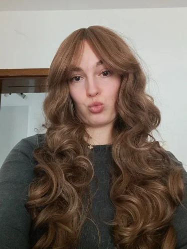 ALAN EATON Brown Highlight Synthetic Wigs with Bangs for Black Women Long Ombre Honey Brown Wave Wig Heat Resistant Hair Natural photo review